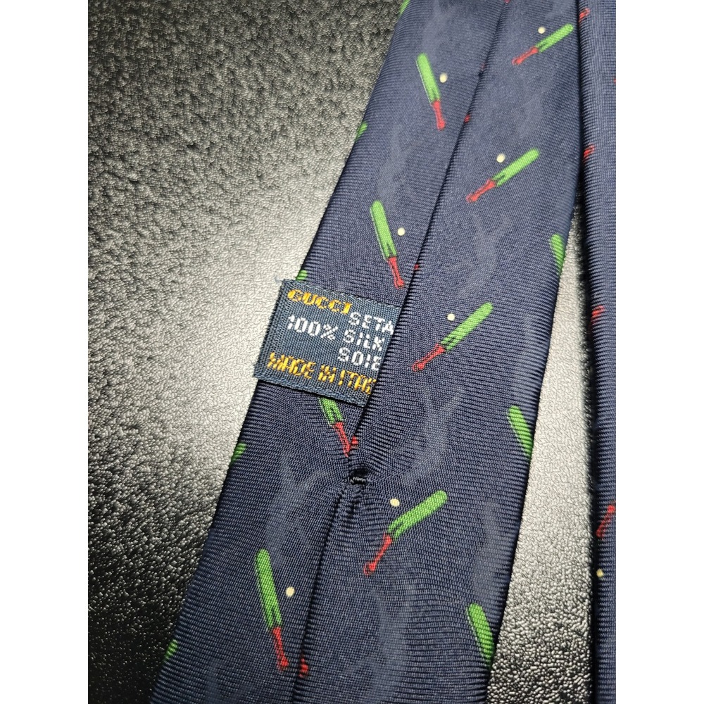Gucci Men's Necktie Blue Cricket Bat Silk 3.75" x 58" Excellent - Picture 7 of 8
